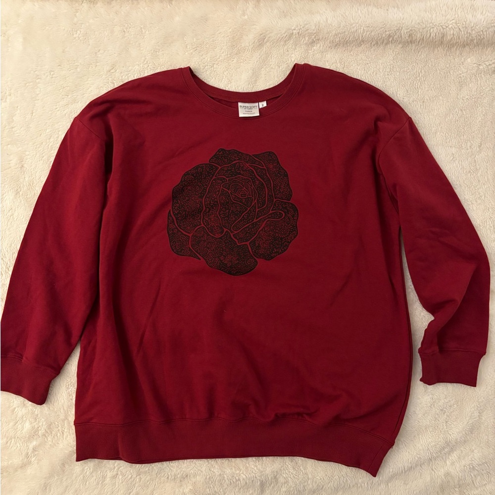 Red Sweatshirt with Rose Design Super Soft by Torrid
